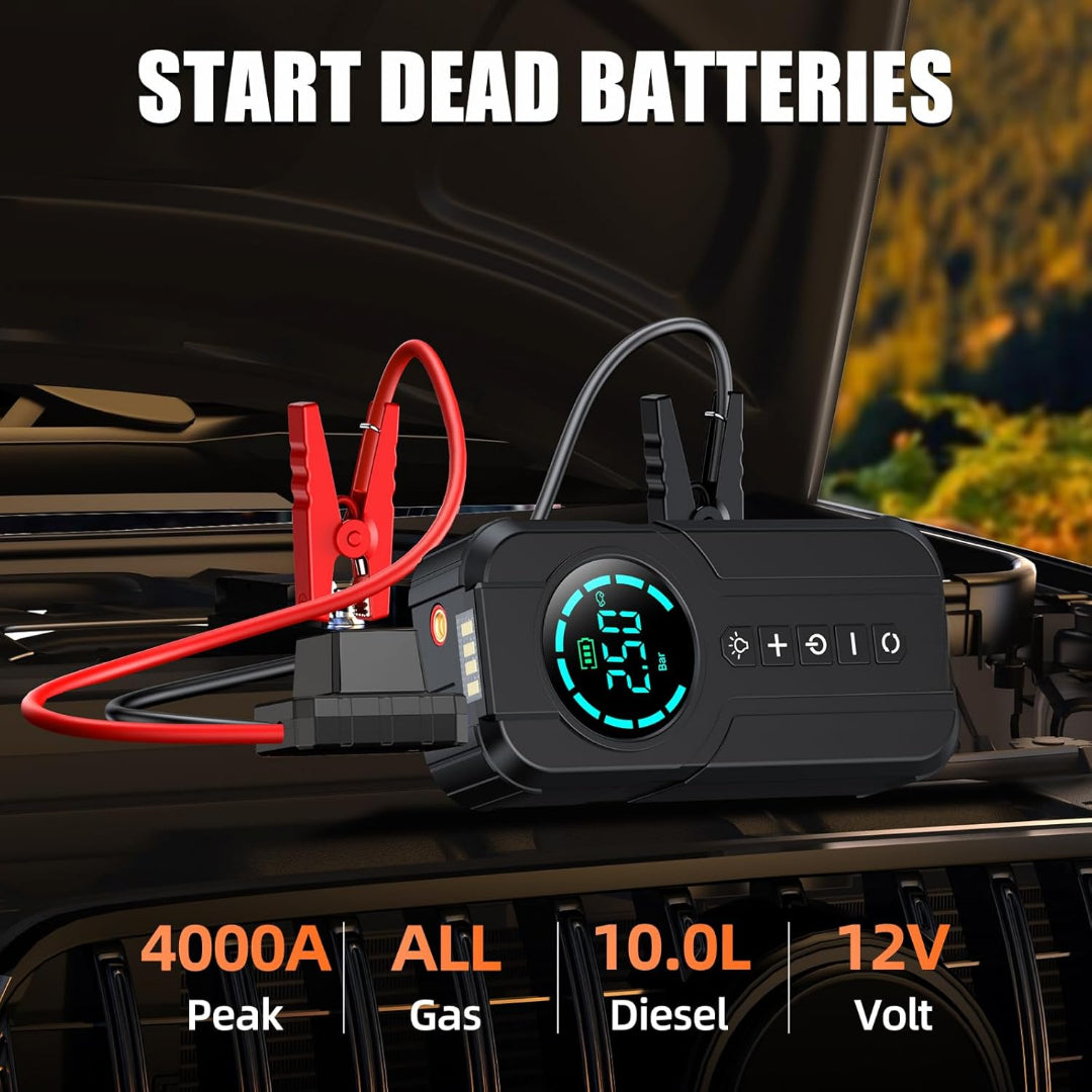 4 In 1 Car Jump Starter with Air Compressor and USB Power Bank